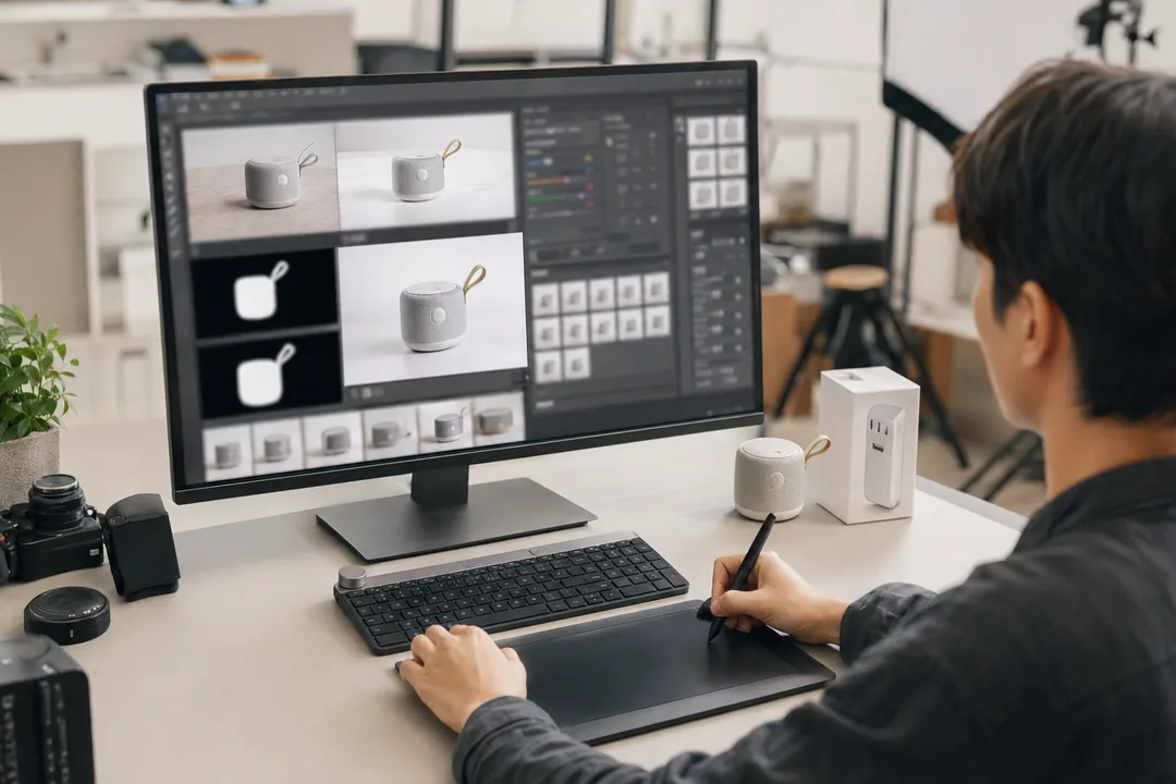 电商产品图换背景怎么做：一套可复制的 Photoshop AI 插件流程：电商产品图换背景 处理前后对比