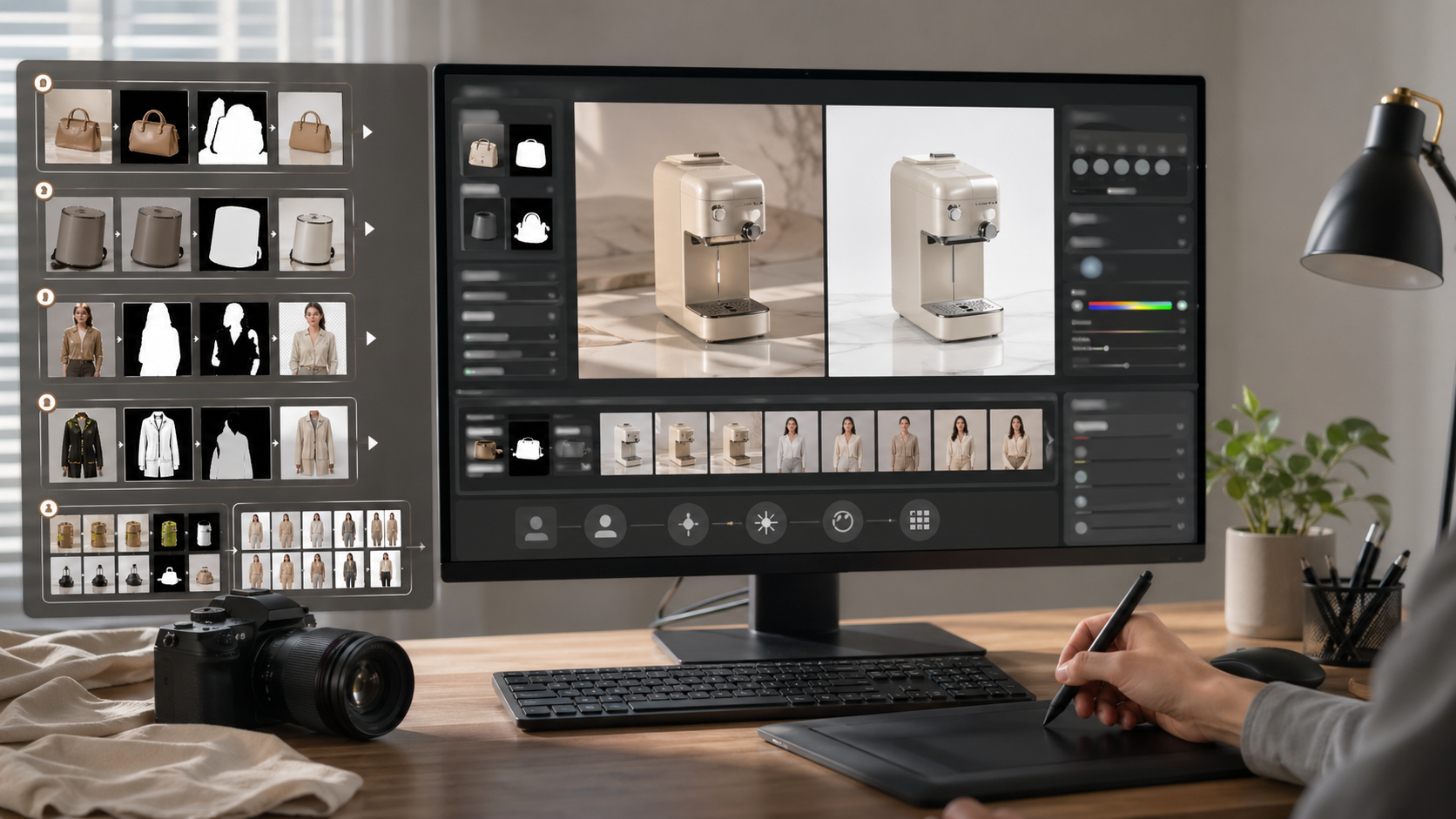 修图软件 配合 Photoshop 完成传统流程 9 步 vs AI 流程 4 步：电商主图怎么做