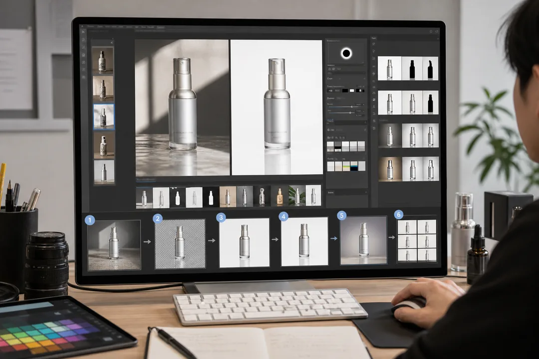电商产品图换背景 在操作步骤：基于 Photoshop AI 插件的落地流程场景下的工作示意