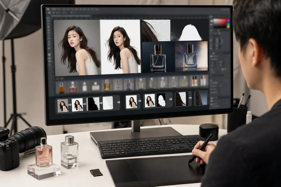 高清抠图 配合 Photoshop 完成高清抠图和传统流程区别：传统 8 步 vs AI 5 步