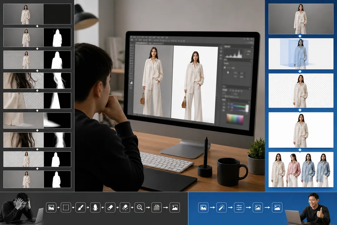 抠图太慢 配合 Photoshop 完成传统流程 9 步 vs AI 流程 5 步