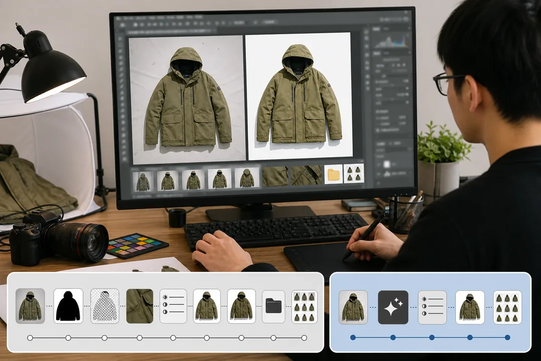 操作步骤：传统流程 9 步 vs AI 流程 5 步：Photoshop抠图 处理前后对比