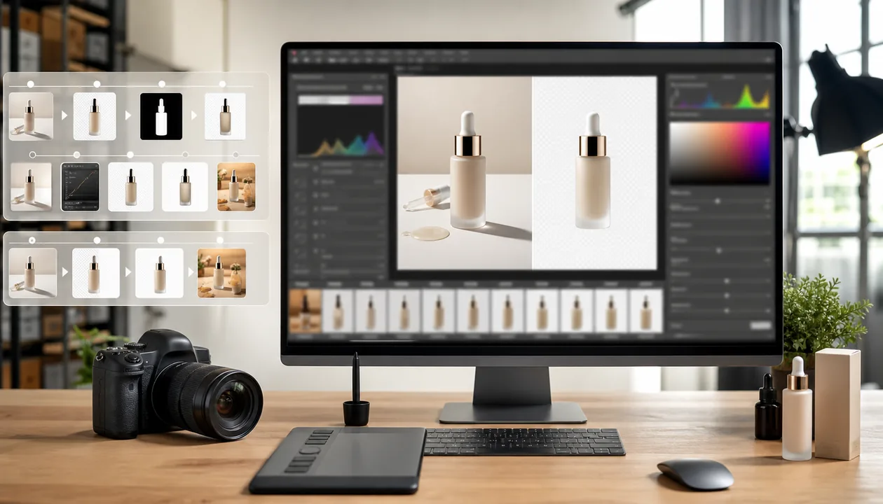 传统流程 9 步 vs AI 流程 5 步：Photoshop AI修图和传统流程区别 效果示例，Photoshop修图 出图