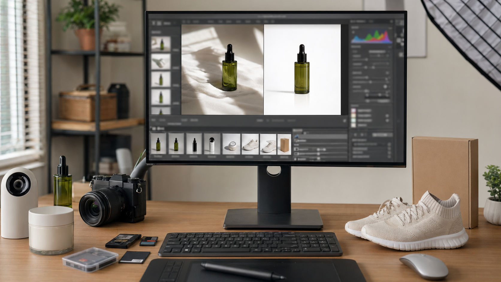 Photoshop插件电商主图批在四、操作步骤：可复制的 Photoshop AI 插件电商主图批量修图流程中的电商修图工作流示意