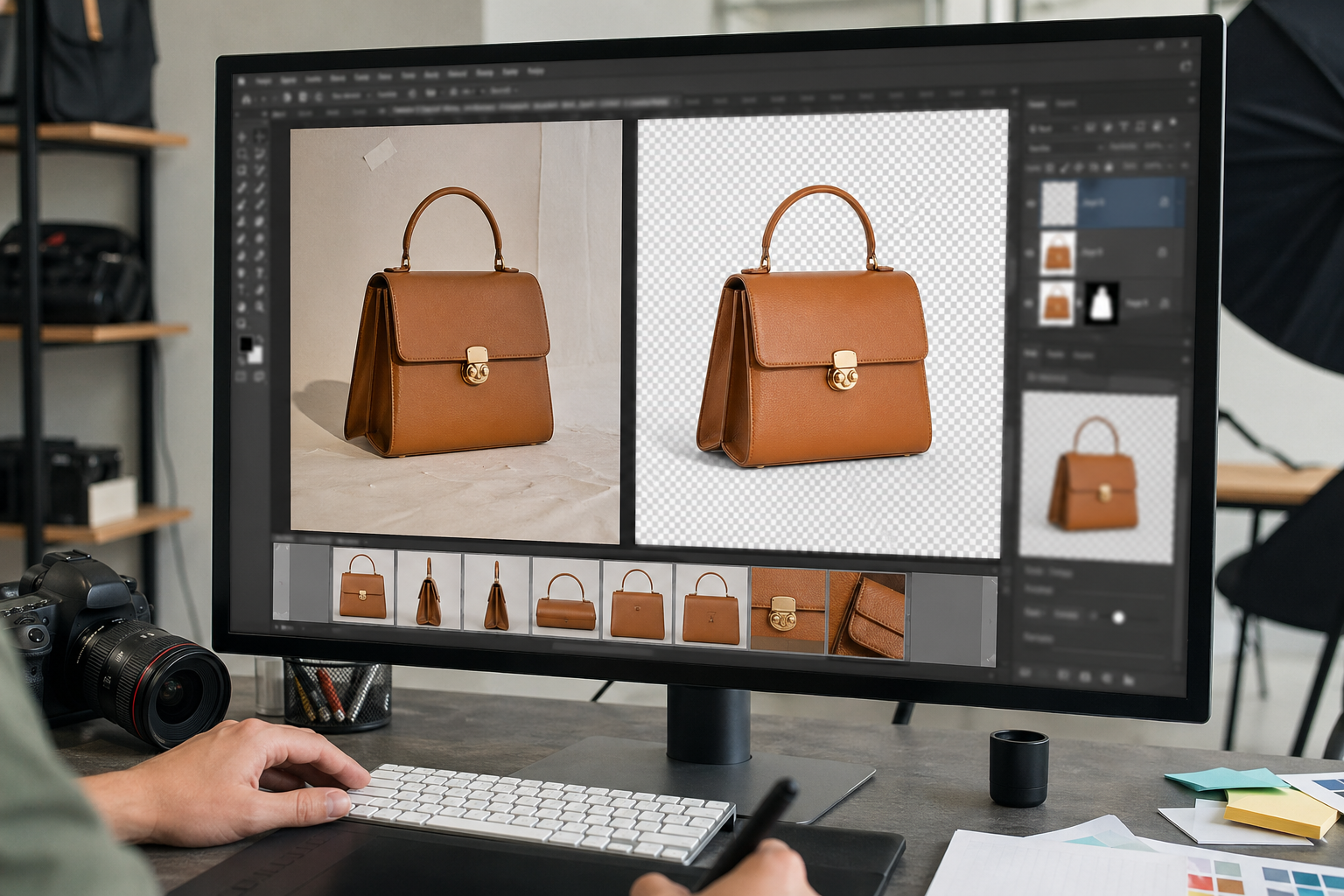 Photoshop插件批量出图案在案例复盘：处理前后差异如何评估中的电商修图工作流示意