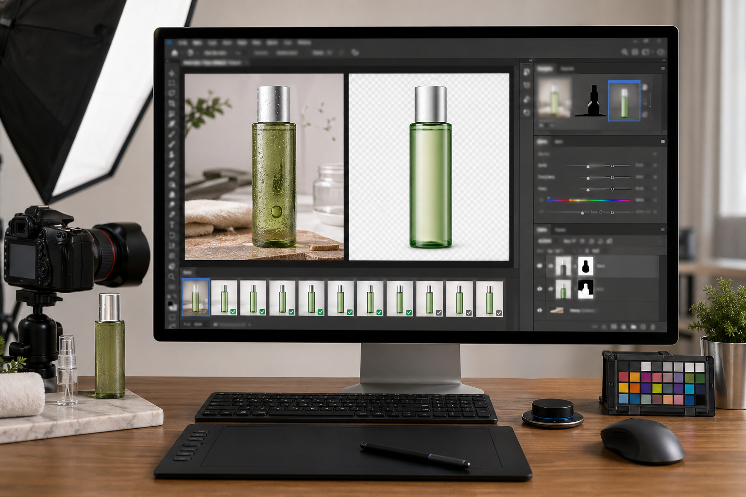 Photoshop插件批量出图案在操作步骤：用图叮AI在 Photoshop 内完成批量出图中的电商修图工作流示意