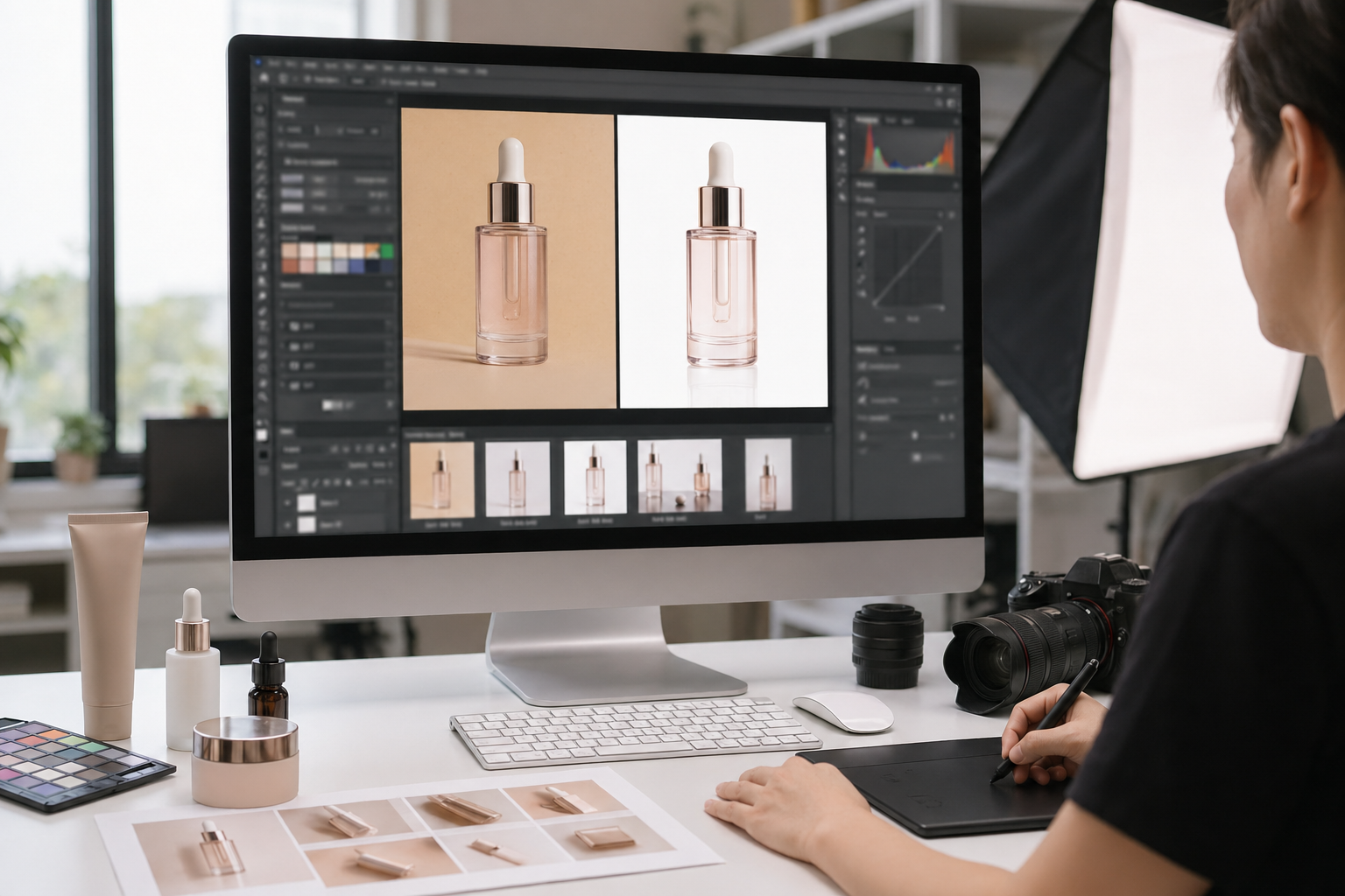 为什么要用 Photoshop AI：从时间节省转向质量稳定：Photoshop 处理前后对比