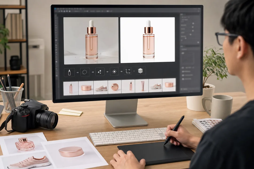 批量修图怎么做：一套可复制的 Photoshop AI 插件流程：批量修图 处理前后对比