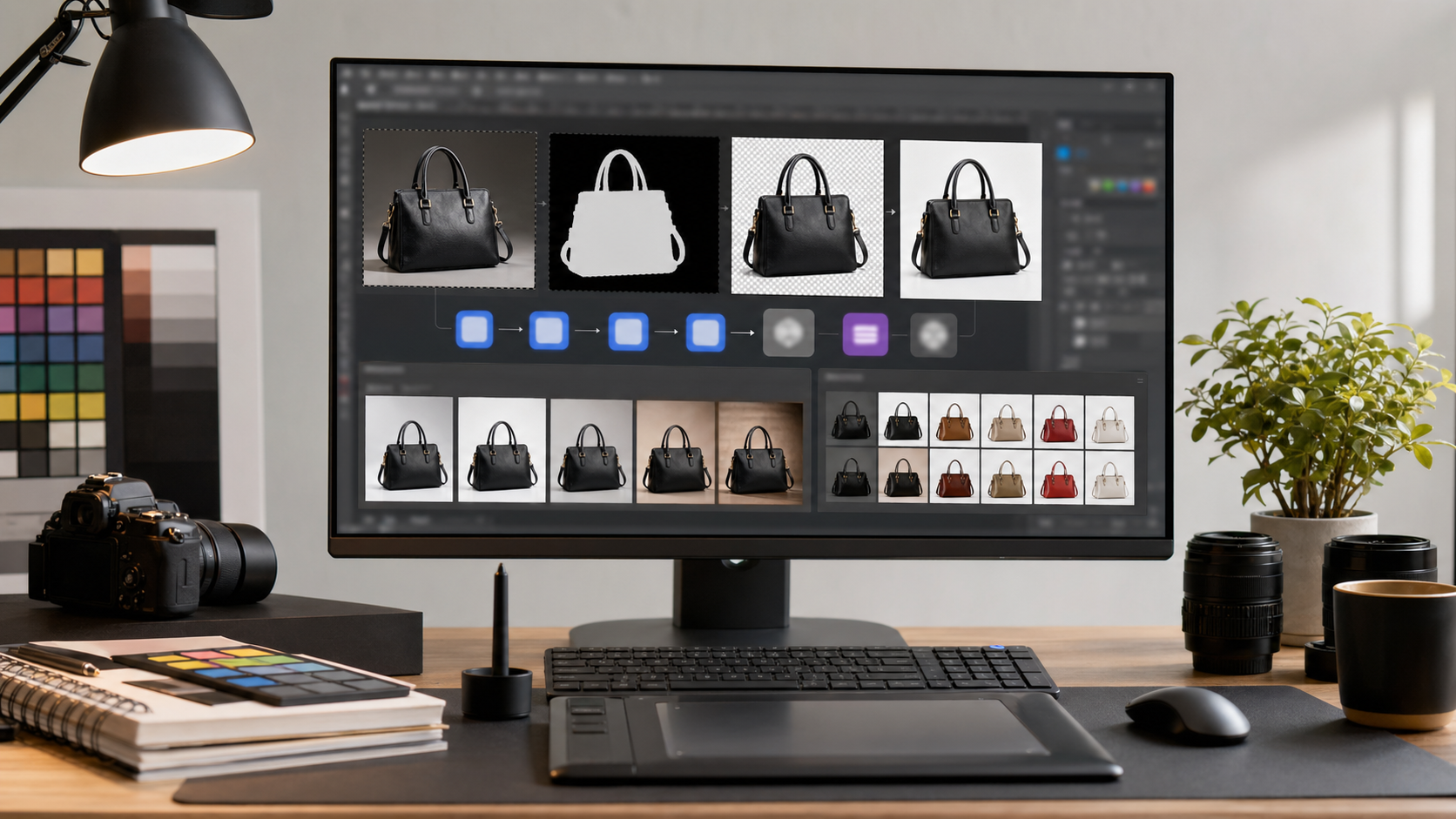 一键抠图和传统流程区别：传统流程 8 步 vs AI 流程 4 步：一键抠图 处理前后对比