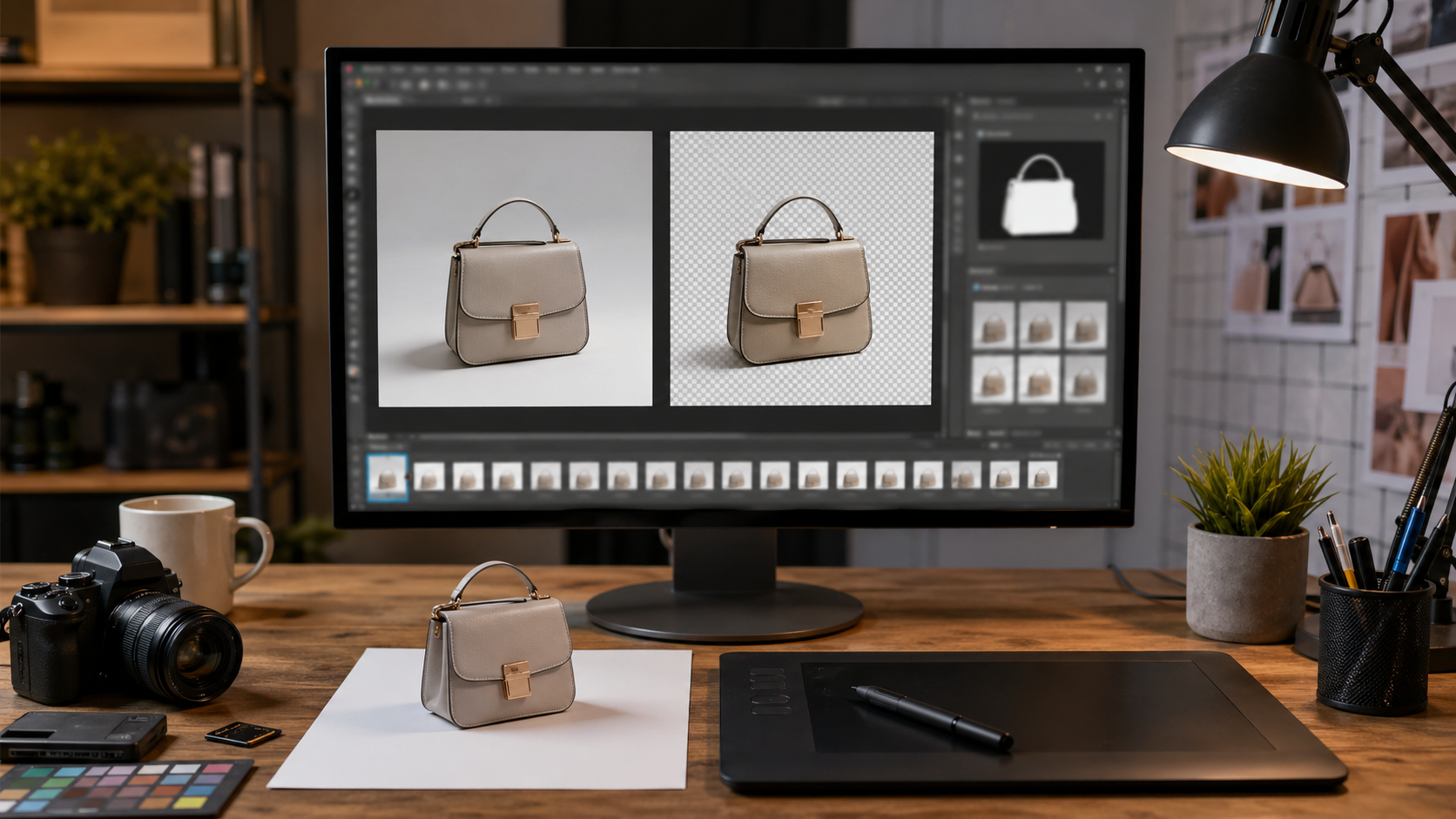 智能抠图在第二步：在 Photoshop 中导入图片并调用 AI 插件中的电商修图工作流示意