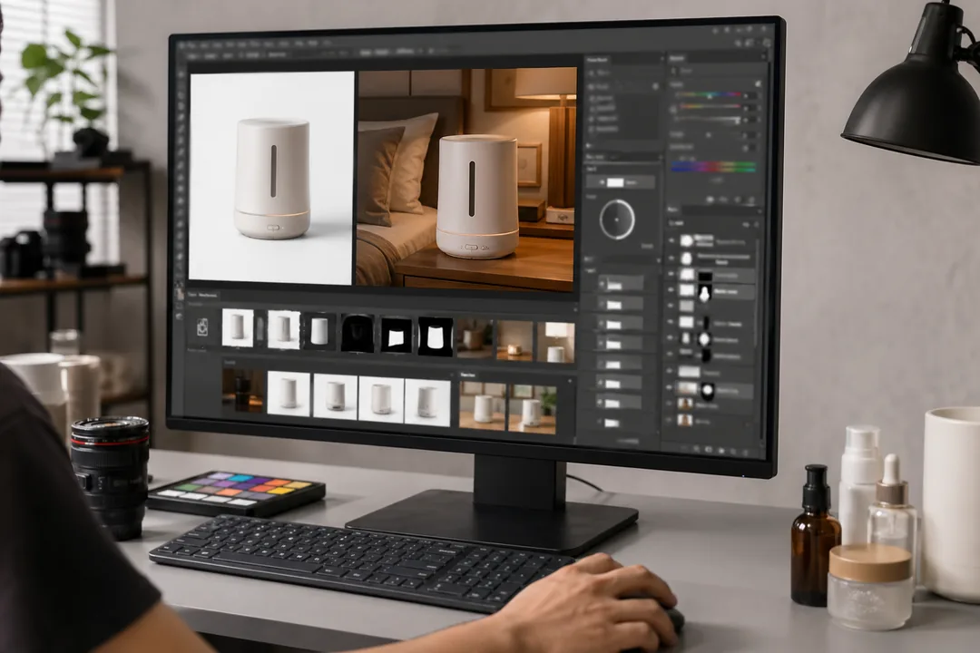 自适应角度溶图怎么做：一套可复制的 Photoshop AI 工作流：自适应角度溶图 处理前后对比